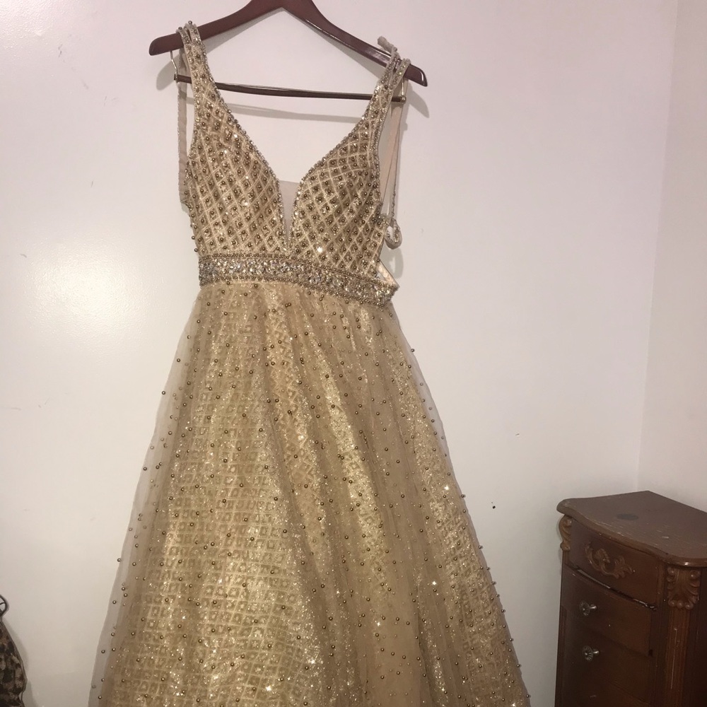 Gold sequin rhinestone prom dress